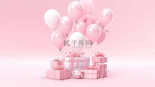 ppt照片排版背景图片_柔和的粉红色背景，带有气球和礼品盒的复制空间 3D 渲染
