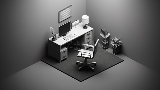 ui点赞图标背景图片_等距办公空间的单色 3D 图标，配有办公桌电脑和椅子