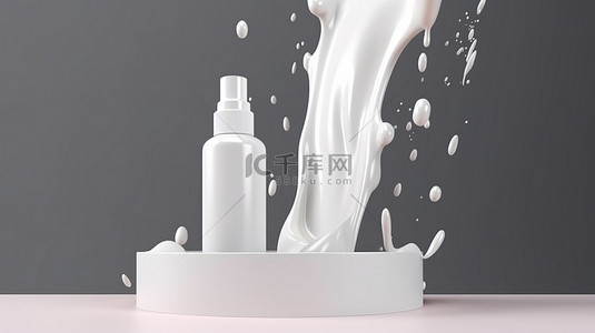 一个白色的 3D 化妆品瓶设置在一个被牛奶飞溅包围的讲台上，展示了一个护肤乳液样机管，体现了护肤概念的精髓