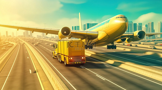 飞机空中背景图片_卡车飞机在前往最佳目的地的途中的空中运输 3D 渲染