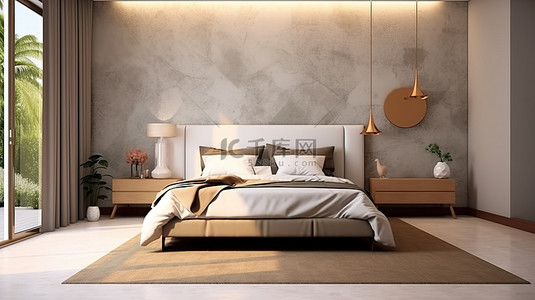 时尚简约的卧室配有 3D 渲染的双色瓷砖