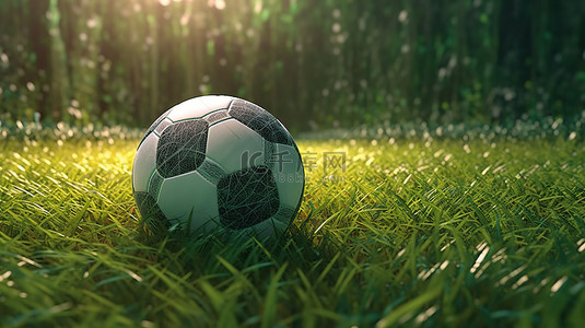 足球在郁郁葱葱的绿草上令人惊叹的 3D 渲染，背景是体育场