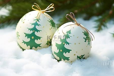 圣诞雪地圣诞树背景图片_两个圣诞蛋躺在雪地里，上面有装饰品