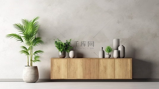 装饰木制橱柜，配有观赏植物和物品，靠在 3D 渲染的空白混凝土墙上