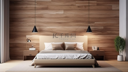卧室室内设计样机与木墙纹理背景数字渲染