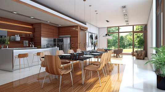 商品展示区海报背景图片_3D 渲染展示现代厨房和用餐区室内设计