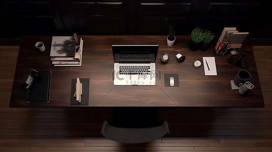 桌上办公用品背景图片_平静工作区的顶部视图笔记本电脑电话笔和深色木桌上的用品的 3D 插图，带有平面复制空间