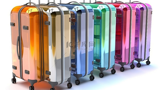 旅游酒店背景图片_3d 渲染银色行李手推车，配有多彩多姿的聚碳酸酯手提箱，位于豪华酒店环境中