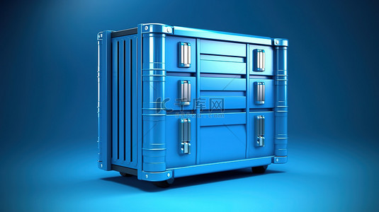 虚拟主机背景图片_蓝色背景上托管服务器机架容器的 3D 渲染插图