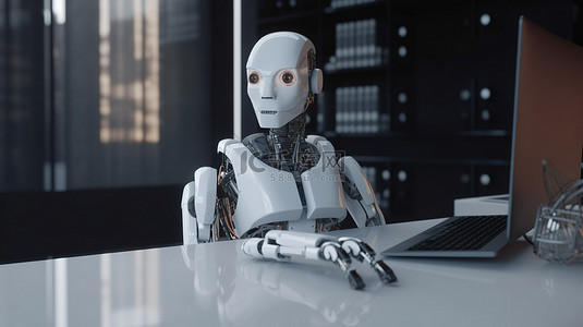 3D 渲染中机器人在办公桌上思考和计算