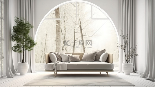 斯堪的纳维亚室内设计 3D 插图的一间白色房间，配有沙发，从窗户可以看到风景