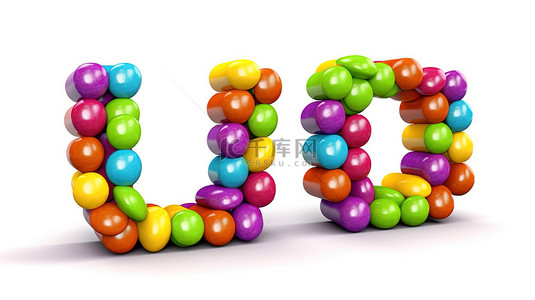 白色背景上字母 u 形状的喜庆多彩彩虹糖果的 3D 插图