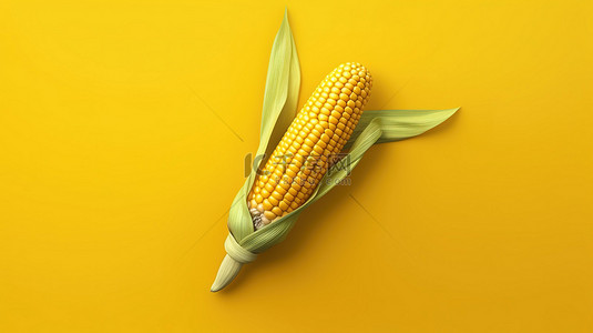 充满活力的黄色背景上卡通玉米的简约 3D 渲染