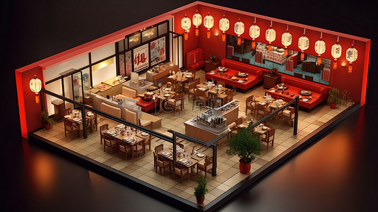 3d开放式厨房背景图片_室内建筑的 3D 渲染展示了一家开放式中餐厅的等距视图