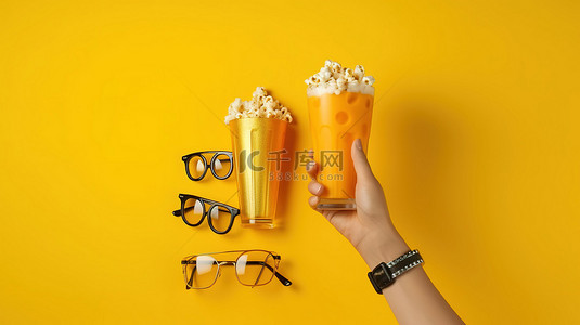 黄色背景下的电影乐趣 3D 眼镜零食和啤酒