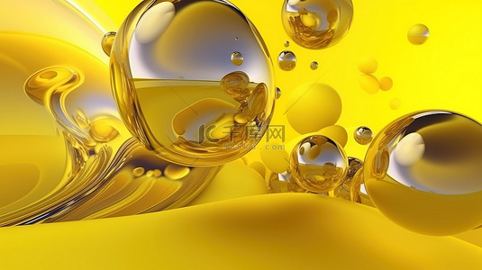 悬浮的泡泡球创意设计壁纸，在明亮的背景上具有黄色和透明的 3D 渲染管和形状