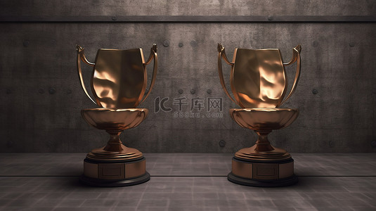 3d 青铜足球奖杯在体育场座位背景上呈现，具有充足的复制空间
