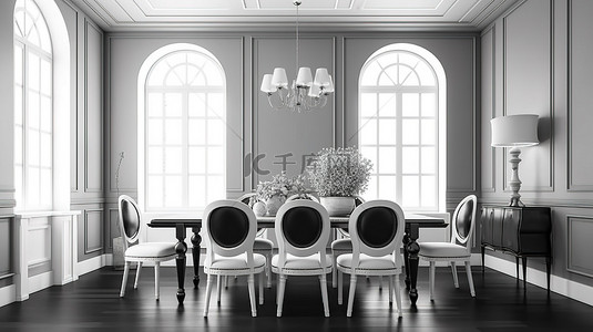 经典风格的餐厅与现代风格的黑白 3D 图像呈现