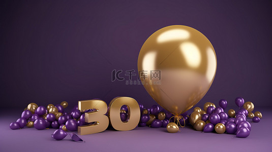3D 渲染的社交媒体横幅与紫色和金色气球感谢 35 万粉丝的庆祝