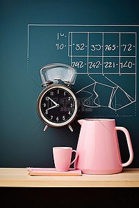 数学黑板旁边的一杯咖啡和一个时钟