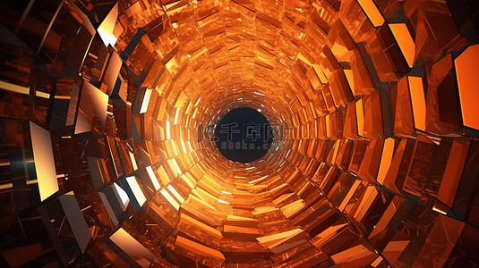 迷人的 3D 万花筒设计，几何隧道装饰着发光的橙色水晶