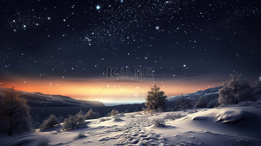 白雪皑皑的冬季仙境，散景灯和闪烁的星星照亮的 3D 景观