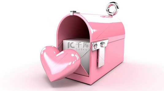 心形门粉红色邮箱的 3D 插图，里面有信封，隔离在白色背景上