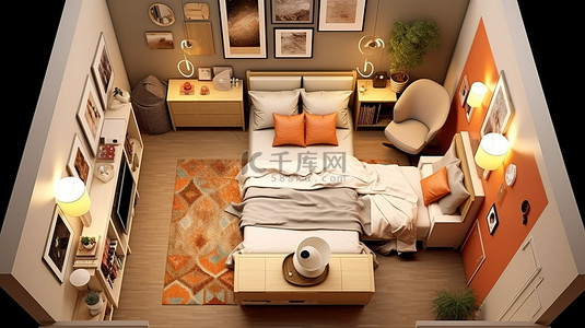 暖色调的卧室设计带有正交投影的俯视 3D 视图