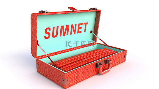 夏季红色背景图片_打开的薄荷手提箱的白色背景隔离 3d 渲染，里面有夏季红色文字