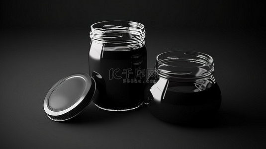 空的 buzany 杯子和未覆盖的黑色玻璃罐的 3d 渲染