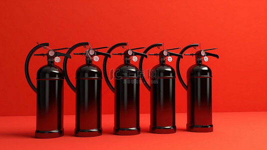 红色背景消防背景图片_红色背景与 3D 渲染的黑色灭火器隔离