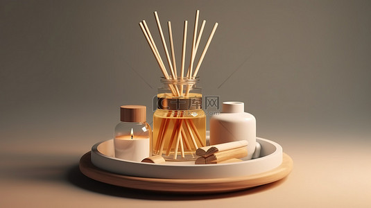 带扩散器木棒蜡烛和香水的香气套装的 3D 渲染