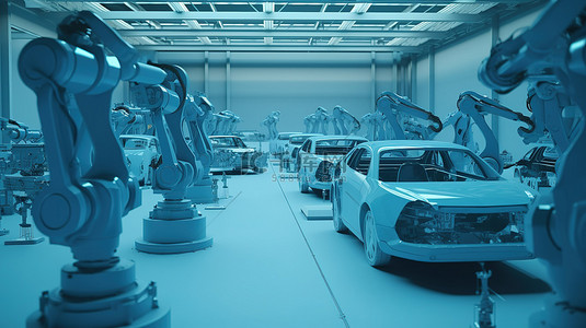 蓝色背景承载着汽车工厂内的 3D 渲染机器人装配线
