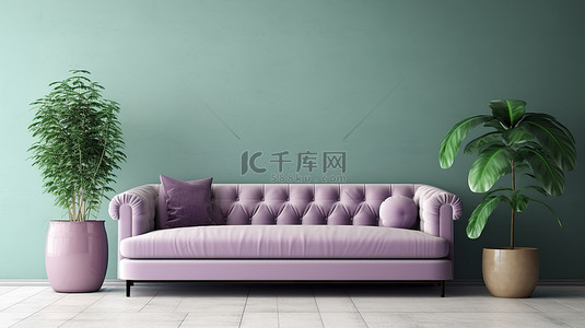 绿色时髦内饰的样机墙，配有紫罗兰色沙发和白色桌子3D 渲染