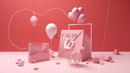 粉红色卡通气球背景图片_以 3d 呈现的垂直情人节框架卡通情书