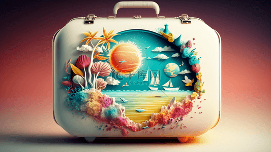 夏季旅游背景图片_旅游行李箱梦幻海边背景