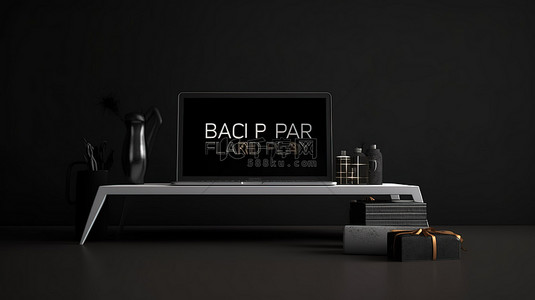 黑色星期五模板空白笔记本电脑屏幕，黑色背景 3D 渲染上带有销售横幅