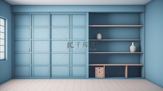 日本风格的蓝色室内设计，带门纸柜架和榻榻米地板 3D 渲染