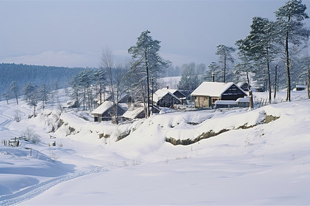 1968 年，jangalian 山村的房屋和冰雪覆盖的小屋