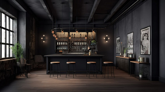 沉浸式 3D 渲染迷人的室内场景和现代阁楼​​酒吧的模型