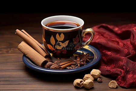 食品坚果背景图片_一杯茶在深棕色的一些坚果和树枝前