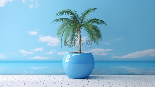 蓝色艺术背景与 3D 渲染盆栽棕榈树