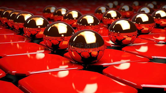 科幻 3D 插图金色纹理红球在红色地板上