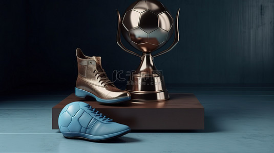 奖牌游戏背景图片_青铜足球奖杯，配有 3D 足球奖牌和鞋子，位于蓝色领奖台上，具有不同的级别和充足的复制空间