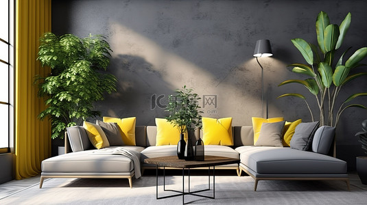古典墙壁装饰背景图片_现代客厅配有现代沙发咖啡桌和黄色和灰色 3D 渲染的室内植物