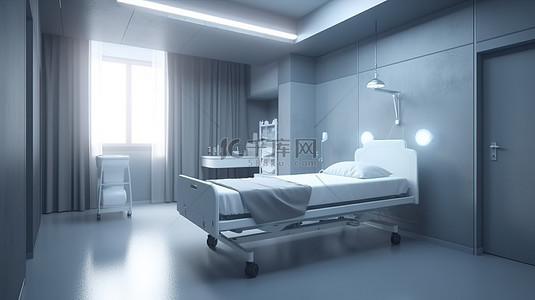 医院卧室概念的 3D 渲染中的极简主义床
