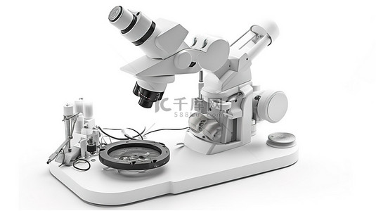 机器人实验室背景图片_在显微镜工作中使用的机器人在白色背景上进行 3d 渲染