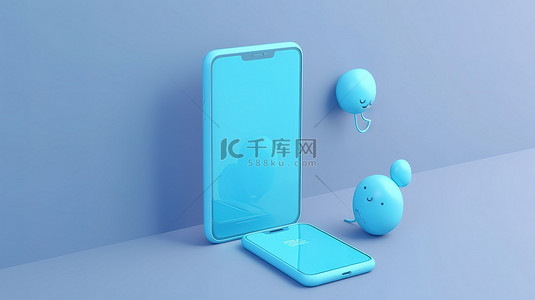 带聊天图标的蓝色智能手机的简约时尚 3D 插图