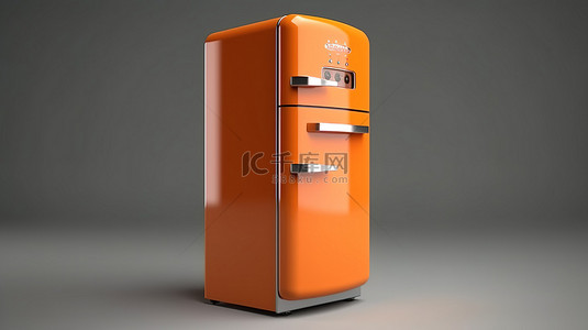 经典橙色冰箱的老式厨房用具侧视图 3D 渲染