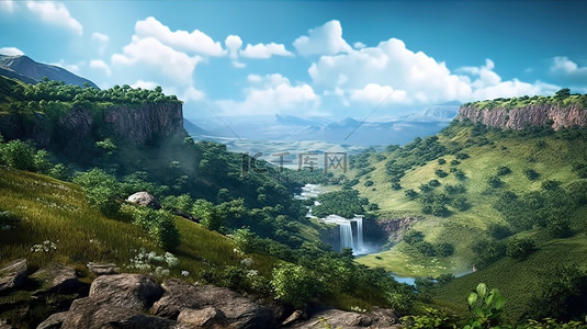 绿色风景背景背景图片_郁郁葱葱的山谷的 3D 渲染，拥有高耸的瀑布和湍急的急流，在清澈的蓝天下的岩石上倾泻而下